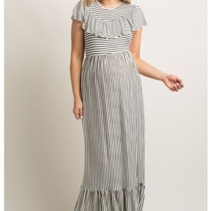 Ivory Striped Ruffle Trim Maternity Maxi Dress